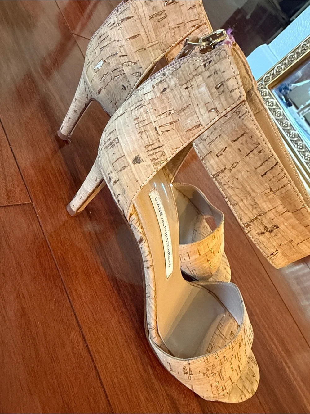 Diane Von Furstenberg Natural Cork Ankle-Strap Heels